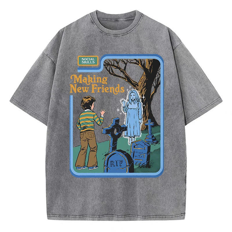 LOR MALE Social Skills Making New Friends Washed Retro Male Women T-Shirts Hip Hop Breathable Tops Casual T Shirt Oversized Cotton T-Shir