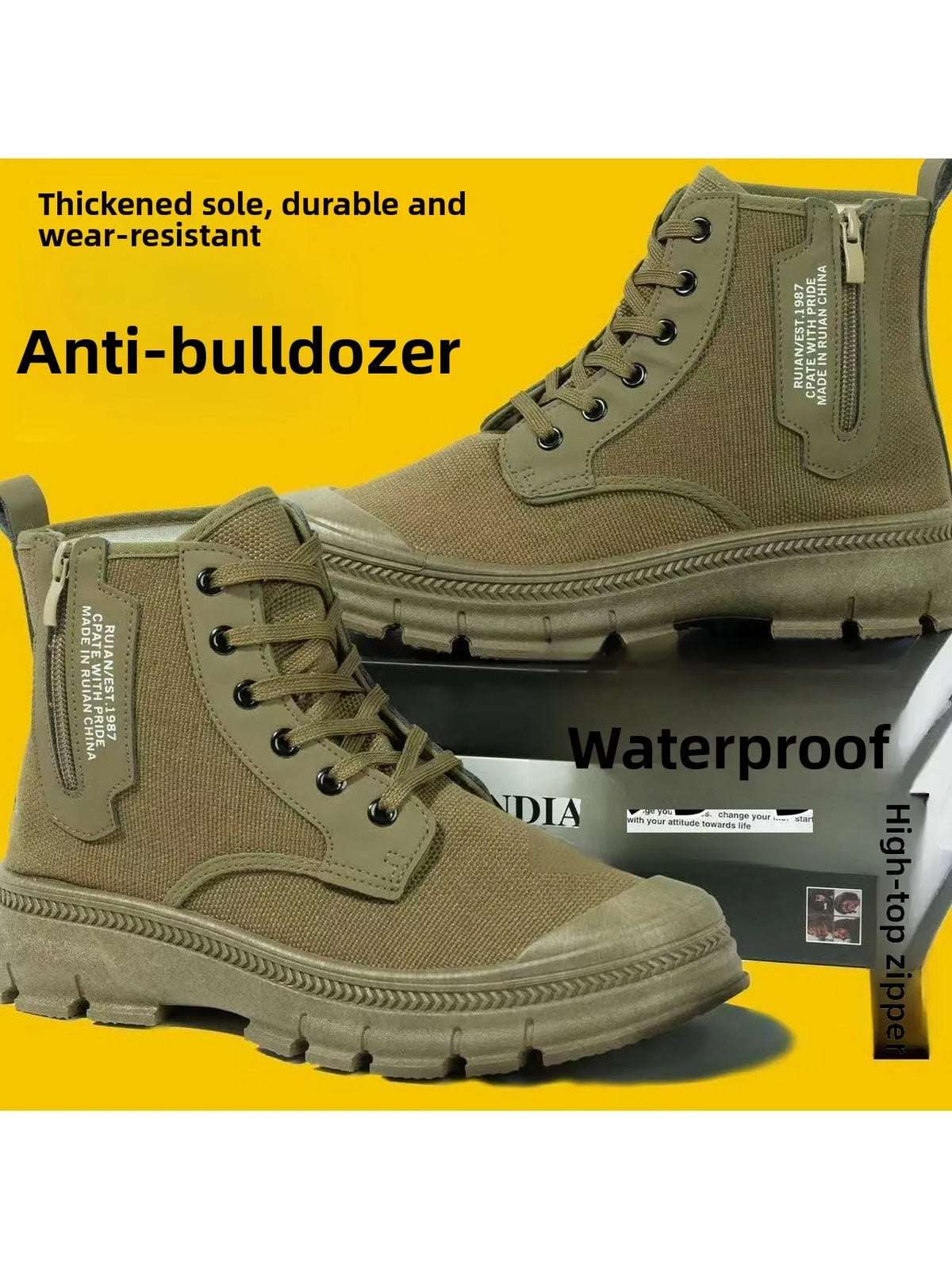 LOR MALE Men's Work Boots Breathable Anti-Odor High Top Side Zipper Anti-Slip Wear-Resistant  Boot Construction Mountain Work Shoes