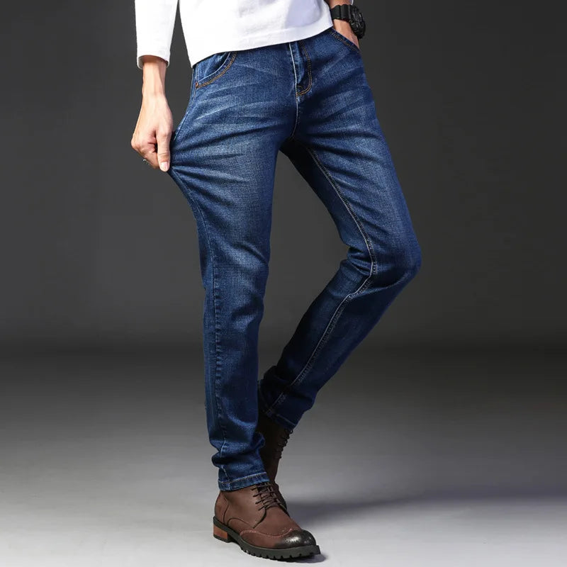 LOR MALE Men's jeans, casual straight leg, elastic, fashionable, classic, blue and black work denim pants, men's brand clothing
