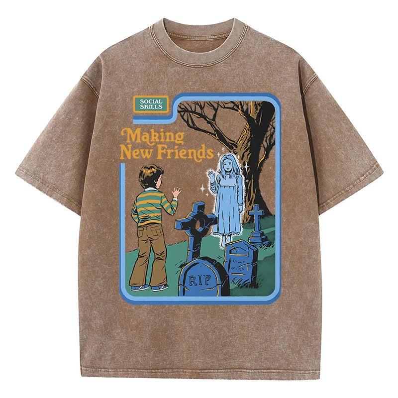 LOR MALE Social Skills Making New Friends Washed Retro Male Women T-Shirts Hip Hop Breathable Tops Casual T Shirt Oversized Cotton T-Shir