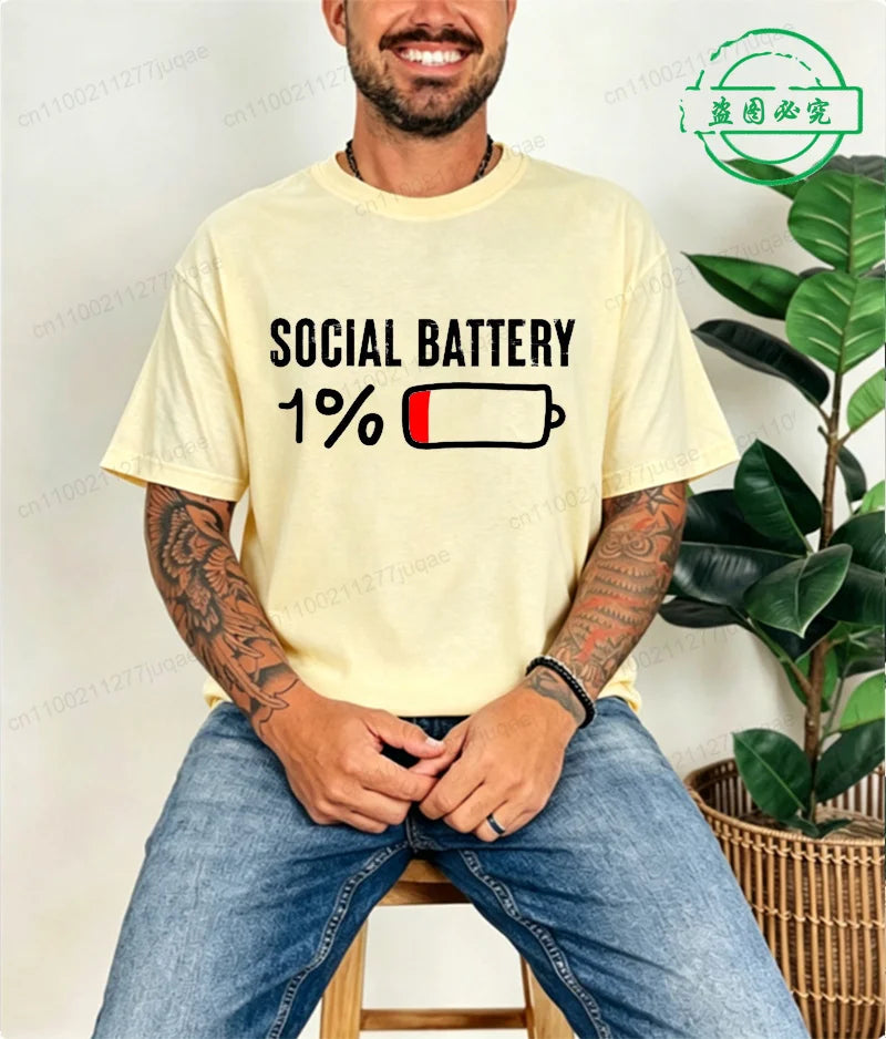 LOR MALE T-shirt for Men Social Battery 1 Percent Funny Introvert T Shirt Men Tops Casual Clothing Oversize Vintage Clothes Trend Tshirt