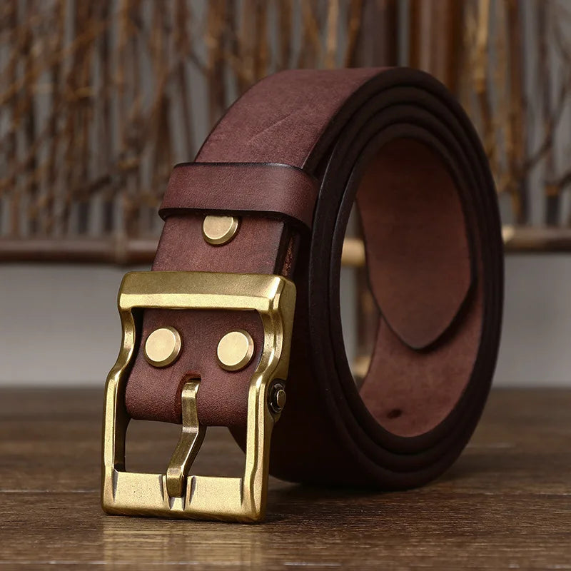 LOR MALE 3.8 Cm Wide High Quality Genuine Leather Belt Men's Retro Thickened First Layer Pure Cowhide Brass Buckle Jeans Luxury Male Belt
