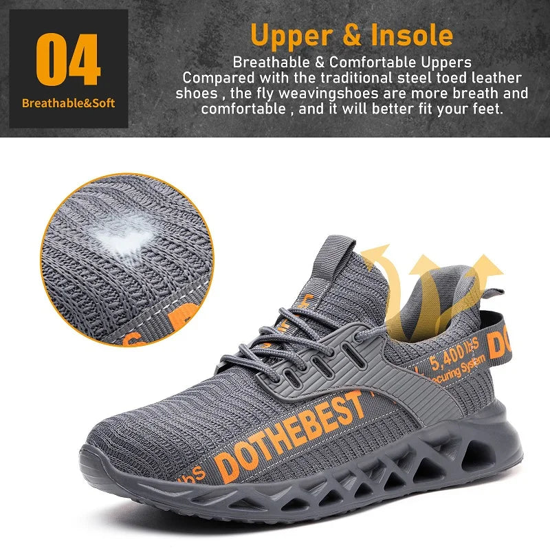 LOR MALE Steel Toe Safety Shoes for Men Lightweight Breathable Work Shoes Grey Anti-Smash Anti-Puncture Work Shoes Comfortable Durable