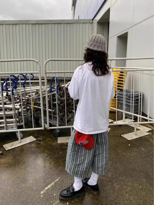 LOR MALE Retro American Grey Green Plaid Casual Shorts Loose Wide Leg Seven-Foot Pants Men Women Summer Trendy Lazy Style Loose Fit