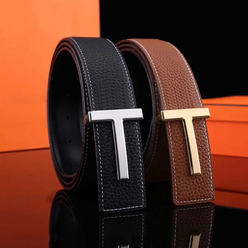 LOR MALE New Men's Luxury Belt High Quality Famous Brand Waistband T Buckle Belt Leather Strap Male Office Business Casual Jeans 3.8cm