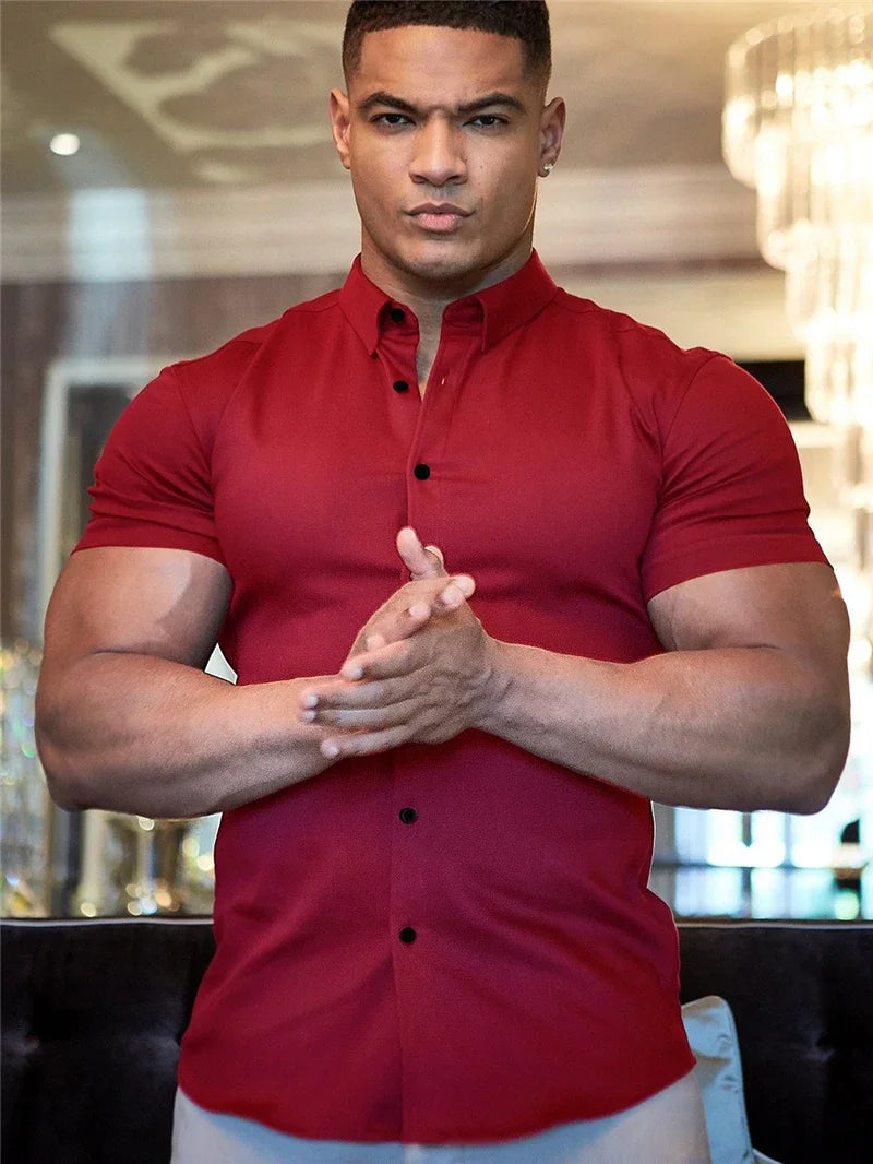 LOR MALE Men's Summer Business Shirt Short Sleeve Turn-down Collar Tuxedo Shirt Fashion Super Slim Fit Male Social Dress Shirt