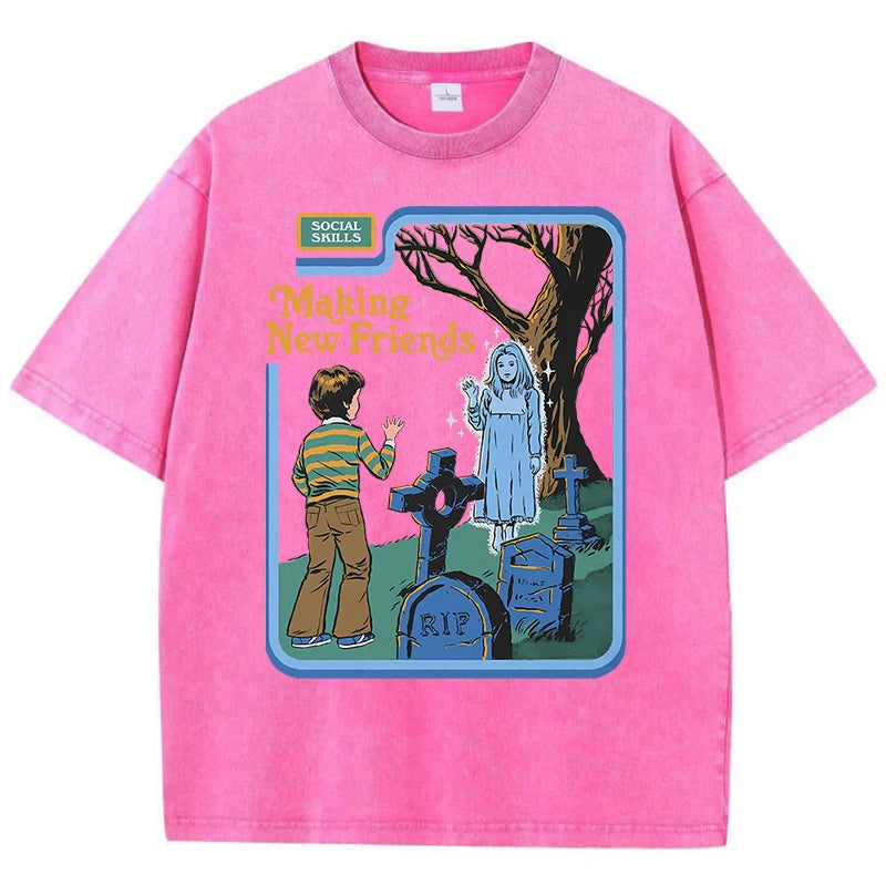 LOR MALE Social Skills Making New Friends Washed Retro Male Women T-Shirts Hip Hop Breathable Tops Casual T Shirt Oversized Cotton T-Shir