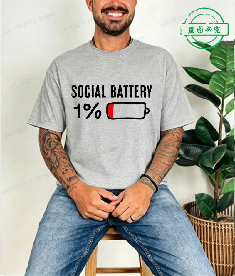 LOR MALE T-shirt for Men Social Battery 1 Percent Funny Introvert T Shirt Men Tops Casual Clothing Oversize Vintage Clothes Trend Tshirt