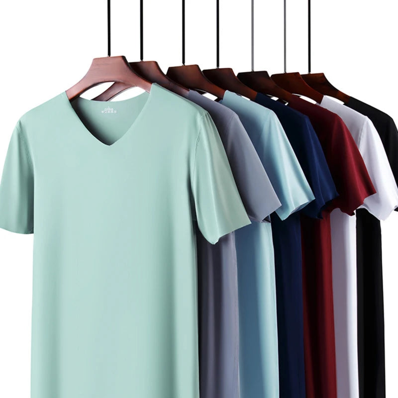 LOR MALE Men's Thin Short Sleeve Without Summer Solid Color T shirt Trace Slim V-neck Bottoming Seamless short sleeve