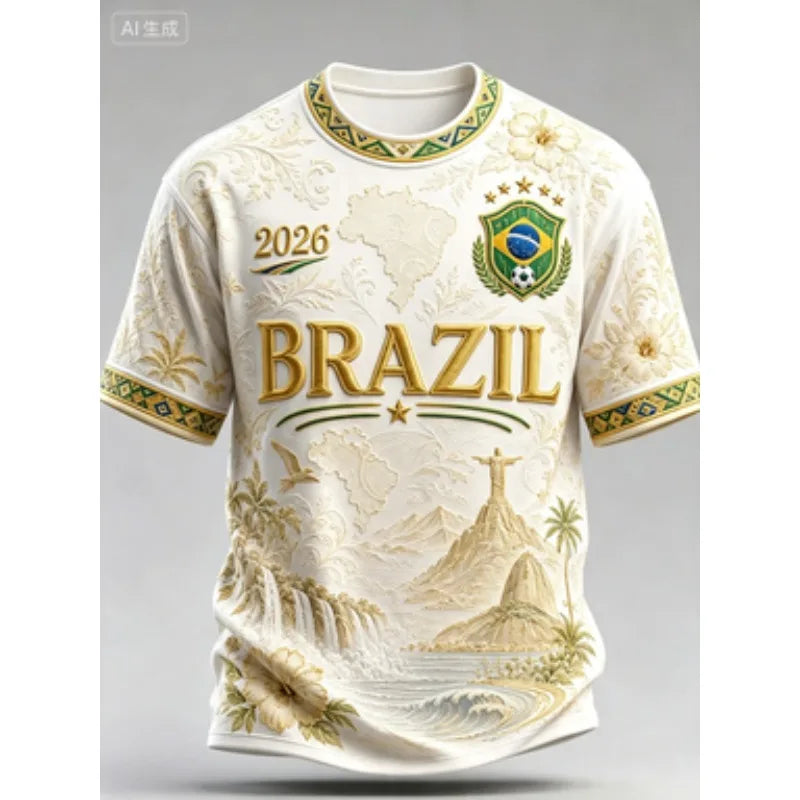 2026 Brazil National Football Team Graphic T-Shirt, Unisex 3D Printed Breathable Quick Dry Short Sleeve Tee