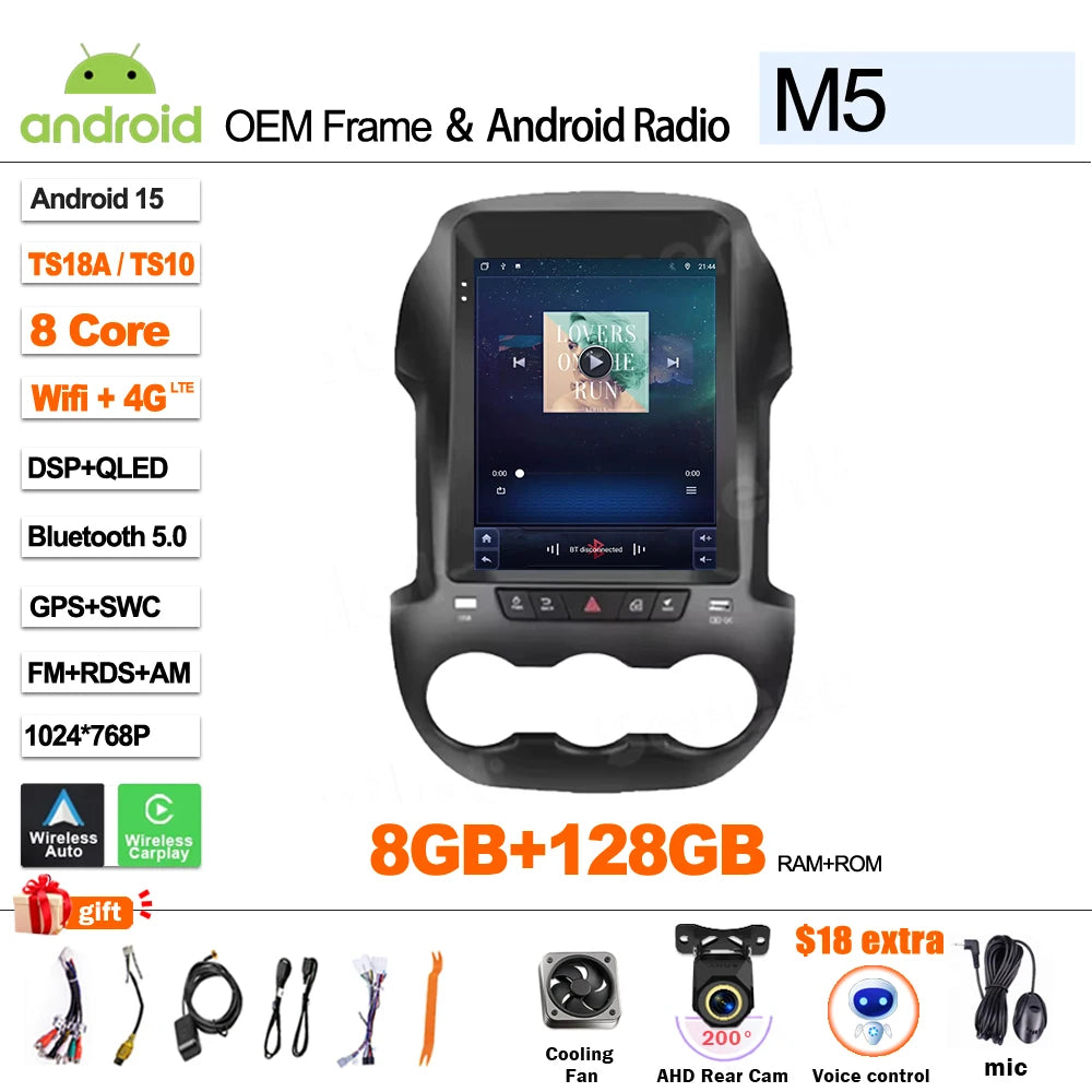 LOR MALE For Ford Ranger 2012 2013-2015 9.7 Inch Android 16 Car Stereo GPS Navi CarPlay Canbus DSP QLED Touch Screen 2 DIN 8Core SWC BT