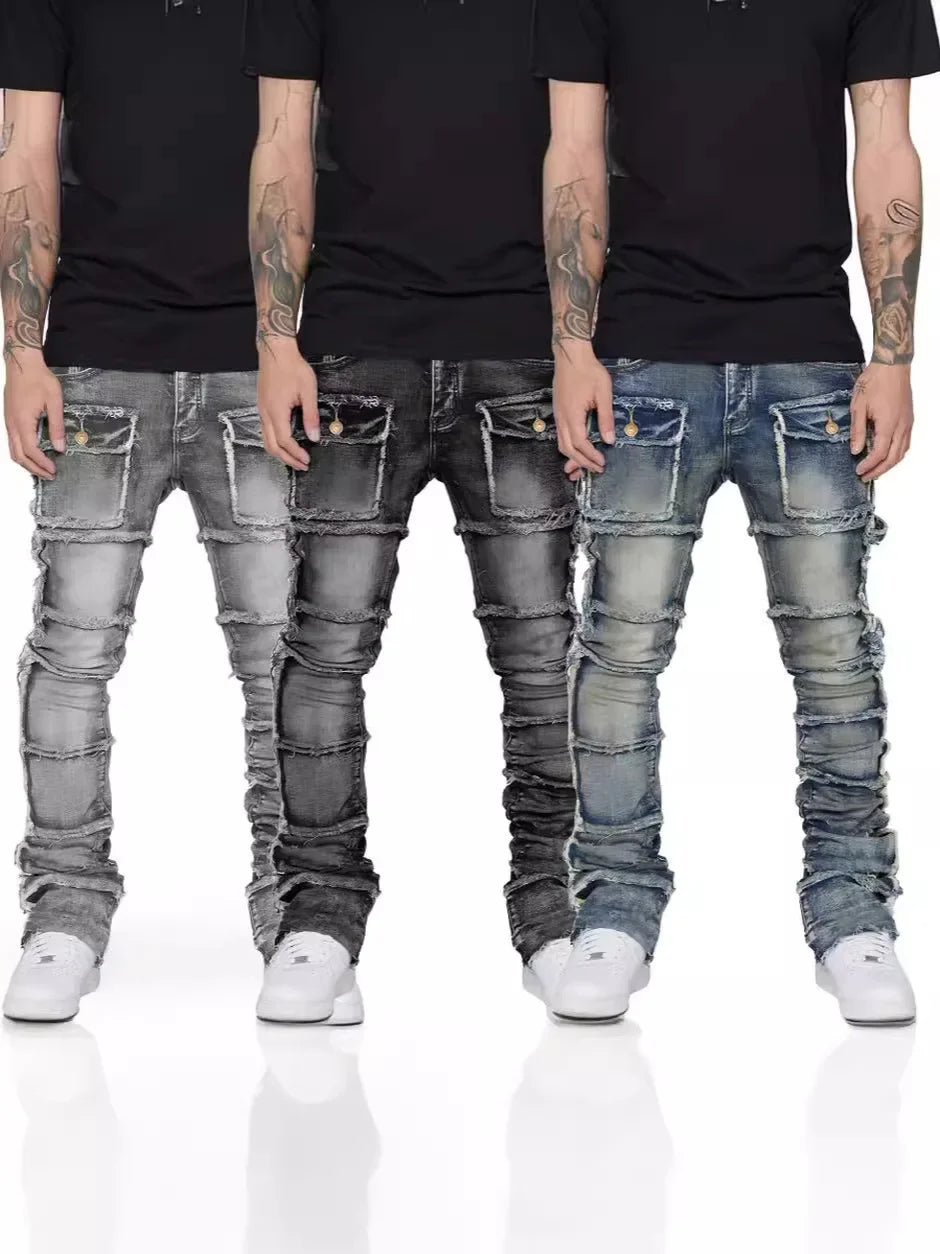 LOR MALE 2025 New Trendy Men Jeans, European and American Fashionable Workwear with Patch, Elastic, Laminated and Slightly Flared Men Den
