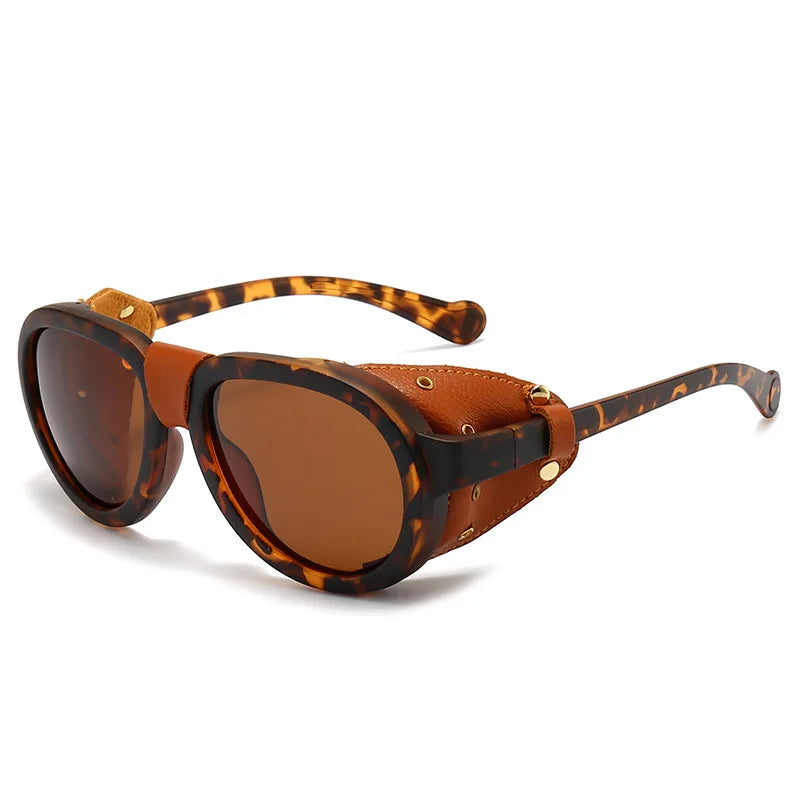 LOR MALE Polarized Sunglasses For Women Men Round Steampunk Leather Eyeglasses Vintage 2