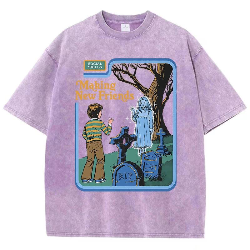 LOR MALE Social Skills Making New Friends Washed Retro Male Women T-Shirts Hip Hop Breathable Tops Casual T Shirt Oversized Cotton T-Shir