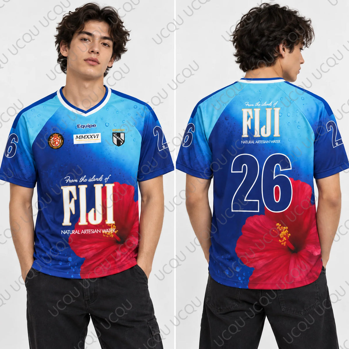 Fiji 26 Soccer Jersey Men Blue Hibiscus Floral Graphic Shirt Island Style Sports Top Breathable Fan Gift