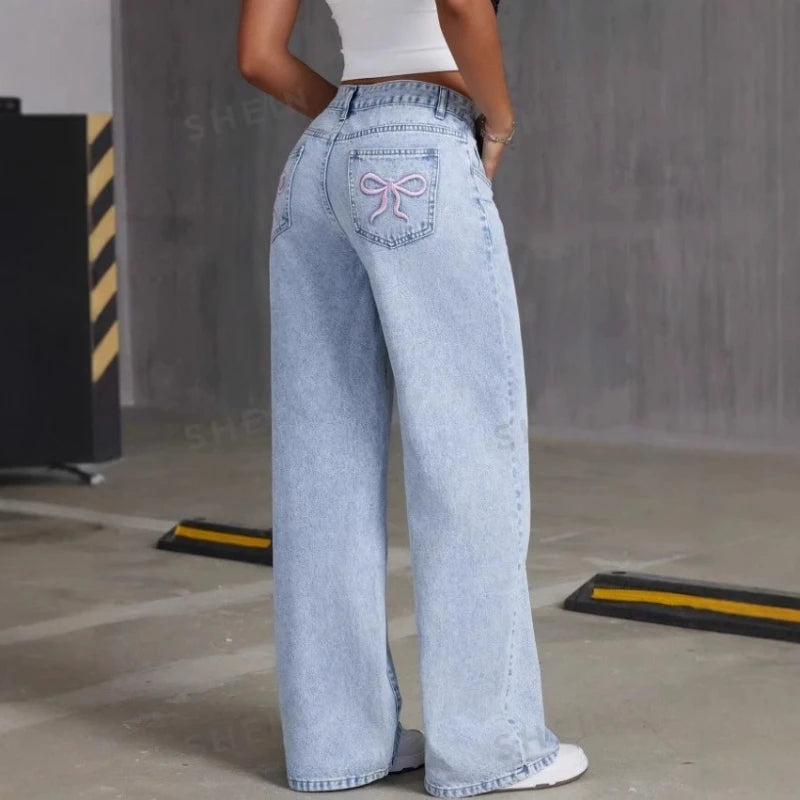 LOR MALE Mens Jeans Vintage Bow Embroidery Washed Denim Pants Harajuku Unisex Loose Fit Straight Leg Streetwear Casual Fashion Trend New
