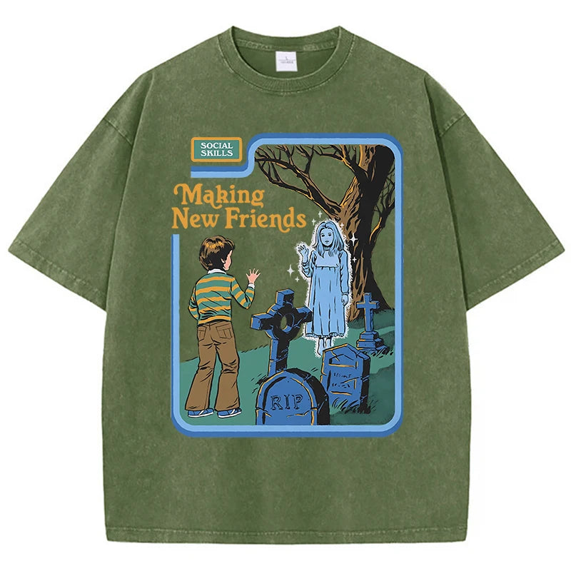 LOR MALE Social Skills Making New Friends Washed Retro Male Women T-Shirts Hip Hop Breathable Tops Casual T Shirt Oversized Cotton T-Shir