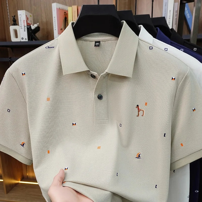 LOR MALE High Quality Man Summer Short-Sleeved Polo Shirt Lapel Button Multi-pattern Puppy Embroidery Ventilate Business Casual Men'sWear