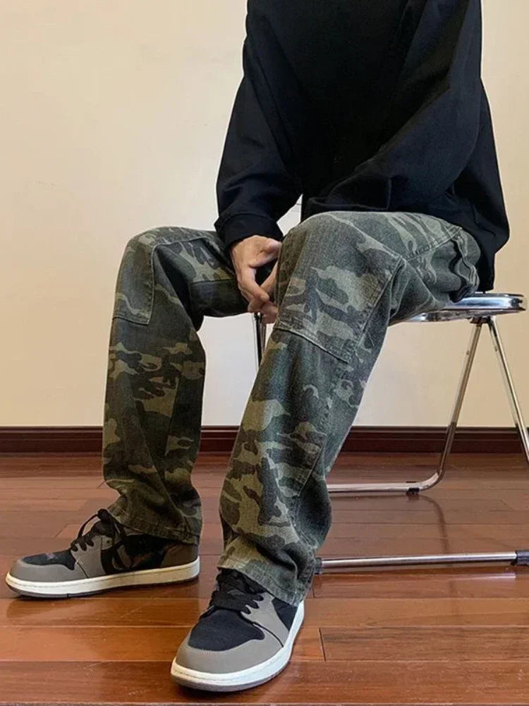 LOR MALE Jeans for Men Spliced Cargo Male Cowboy Pants Camouflage Trousers Punk Straight Xs Y 2k Vintage New in Retro 2025 Trend Baggy