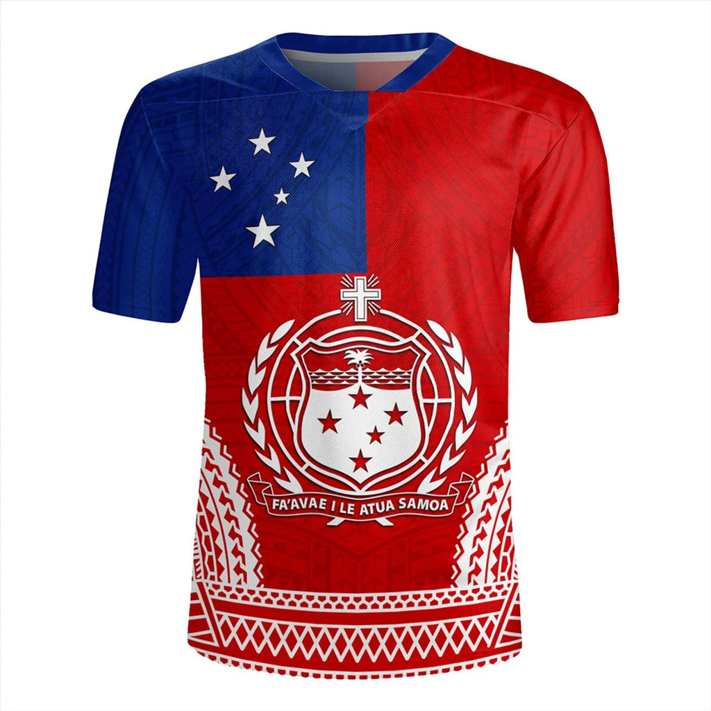 America Samoa Rugby-jersey 3D Printing V Neck T Shirt Samoa Coat Of Arms Emblem Graphic V-Neck T-shirts For Men Fashion Clothing