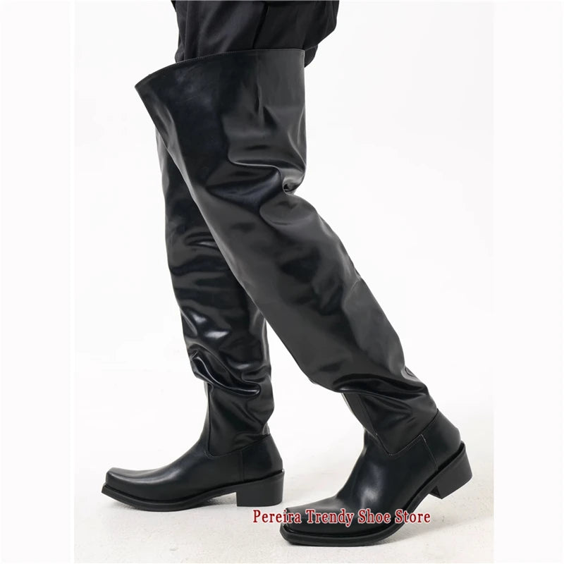LOR MALE Autumn Winter New Upturned Toe Over The Knee Boots for Men Women Brand Design Black Leather Square Toe Slip-On Knight Boots