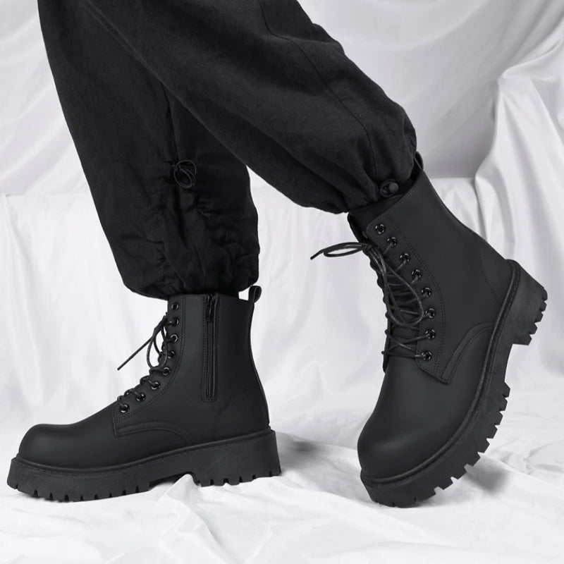 LOR MALE Boots for Men High Quality Casual Leather Boots Fashion Outdoor High Top Booties Black Men's Ankle Boots Fashion Motorcycle Boot