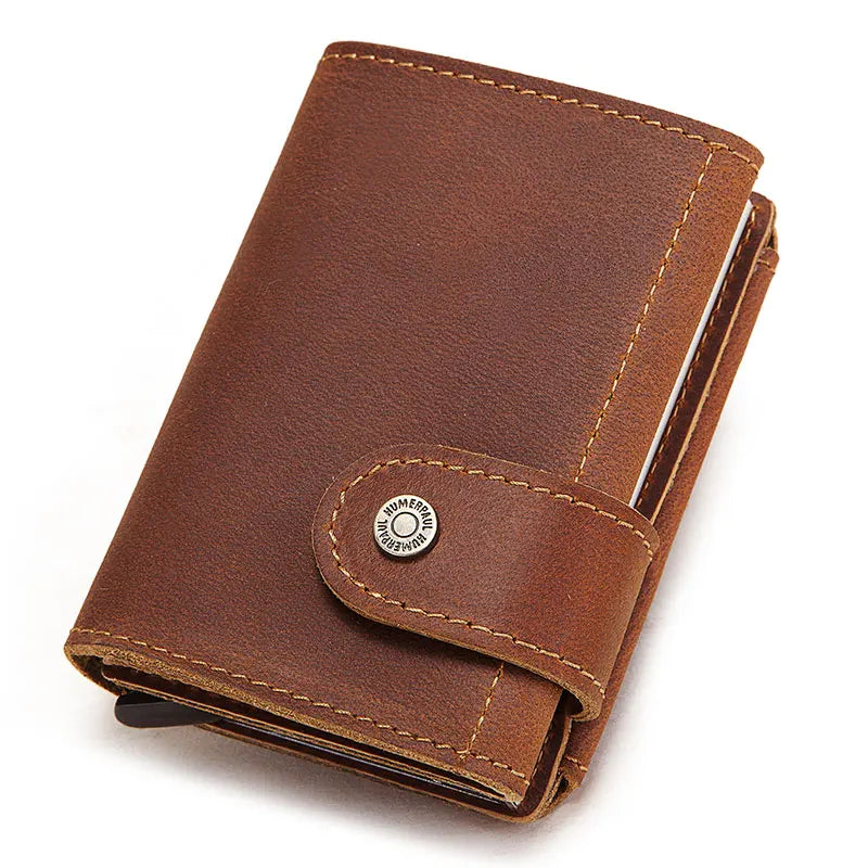 LOR MALE Minimalist Aluminum Credit Card Holder Wallet for Men RFID Vintage Crazy Horse Leather Bank Cardholder Case Quality Coin Purse