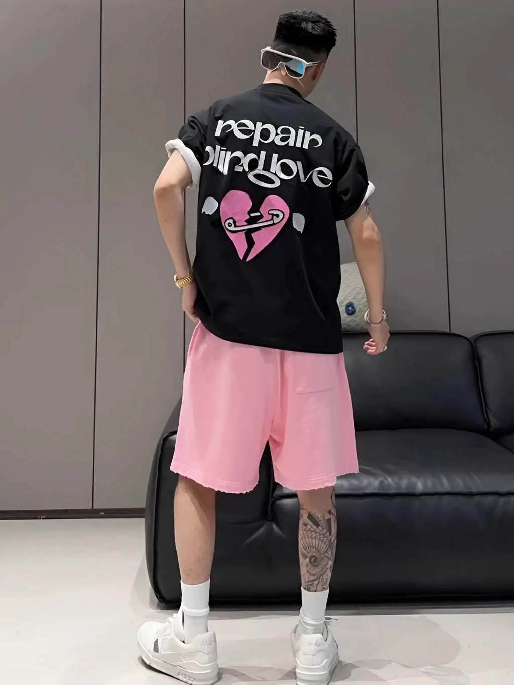 LOR MALE Summer New Fashion Brand Printed T-Shirt Shorts Set Men's High Design Emotion Couple Casual Sports Suit Cotton Blend Fabric