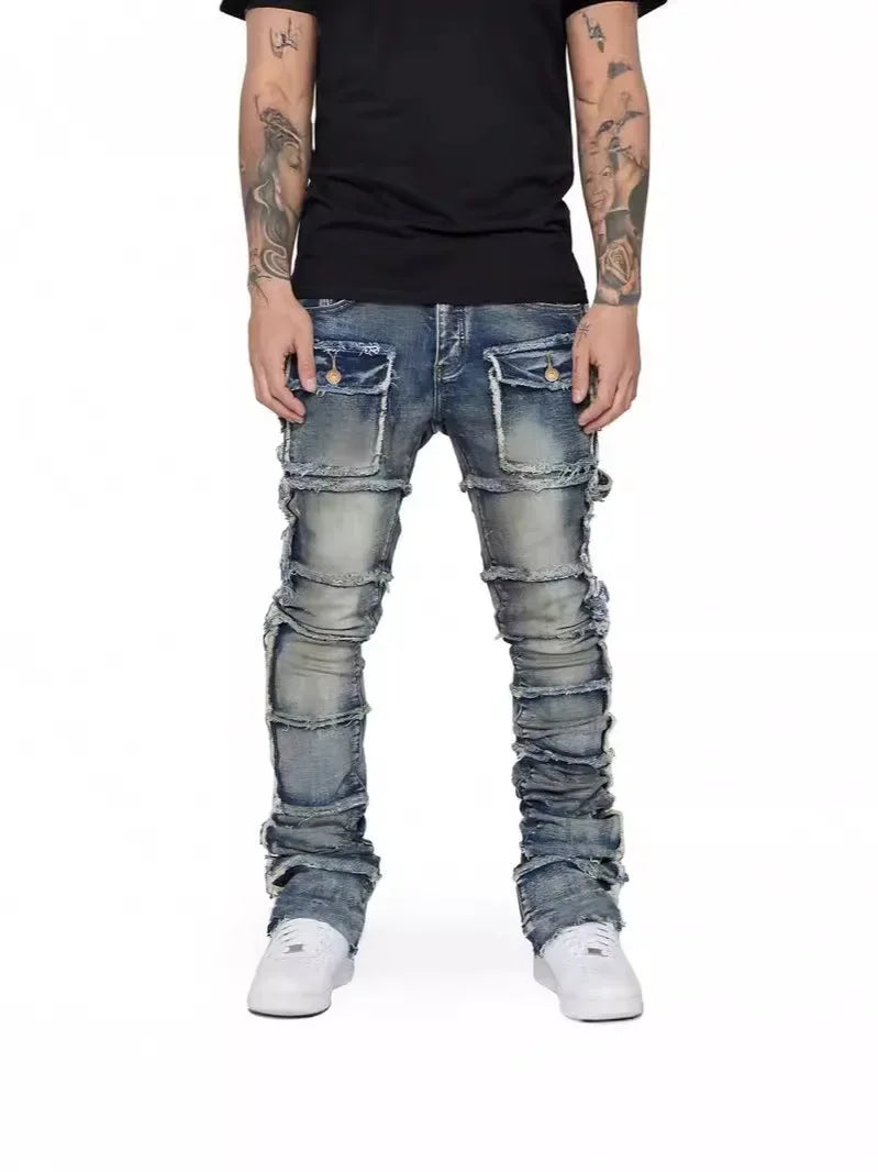 LOR MALE 2025 New Trendy Men Jeans, European and American Fashionable Workwear with Patch, Elastic, Laminated and Slightly Flared Men Den