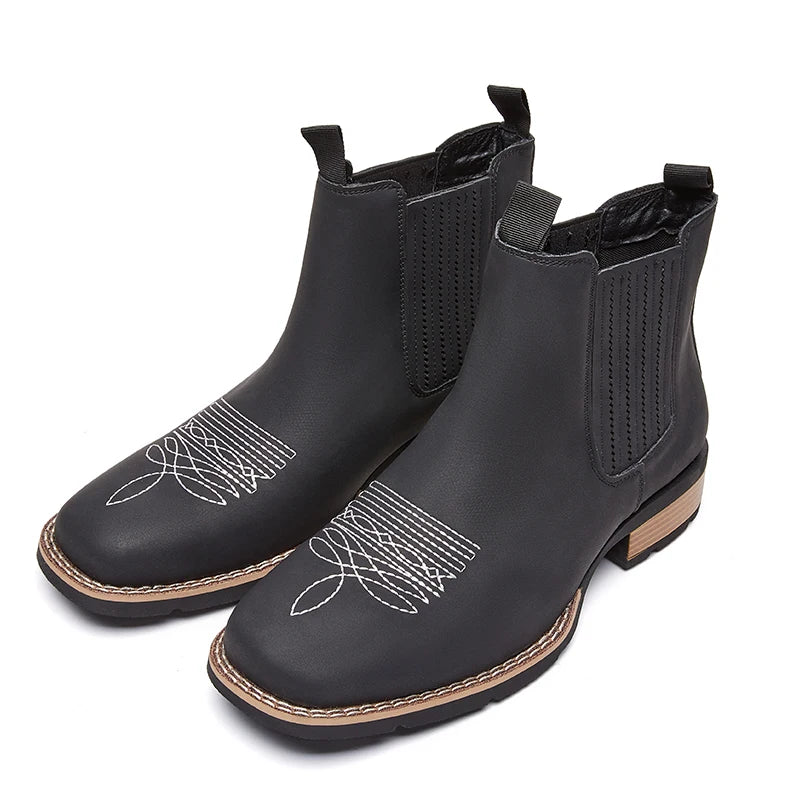 LOR MALE Men's Wide Toe Cowboy Boots Slip On Western Style Outdoor Boots Durable Comfor Leather Ankle Boots Fashion Retro Shoes for Men