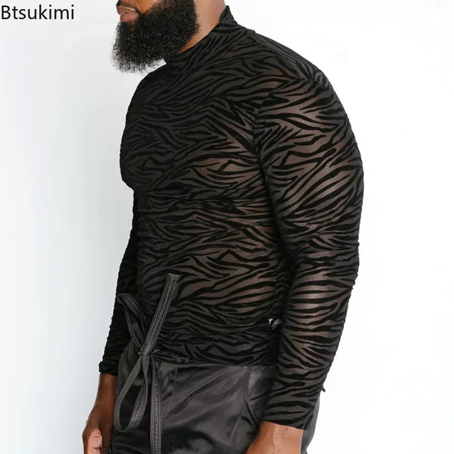 LOR MALE Men's T Shirt Perspective Turtleneck Long-sleeved Lace Tight Fitting T-shirt for Men Streetwear Bottoming Shirt Inside Male Tops