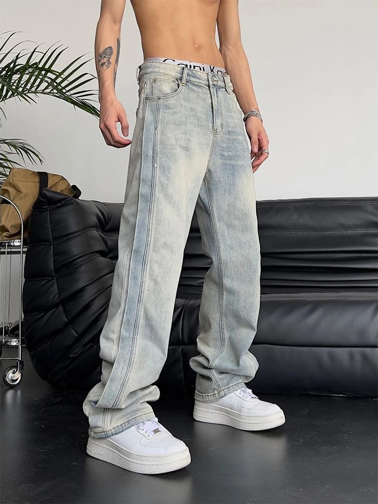 LOR MALE Jeans for Men Loose Light Blue Baggy Straight Man Cowboy Pants Punk Spliced Y2k Vintage Trousers 2025 Korean Autumn Trend Cotton
