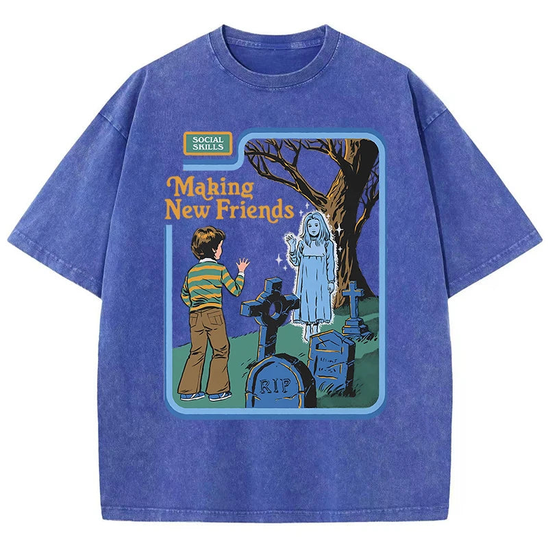 LOR MALE Social Skills Making New Friends Washed Retro Male Women T-Shirts Hip Hop Breathable Tops Casual T Shirt Oversized Cotton T-Shir
