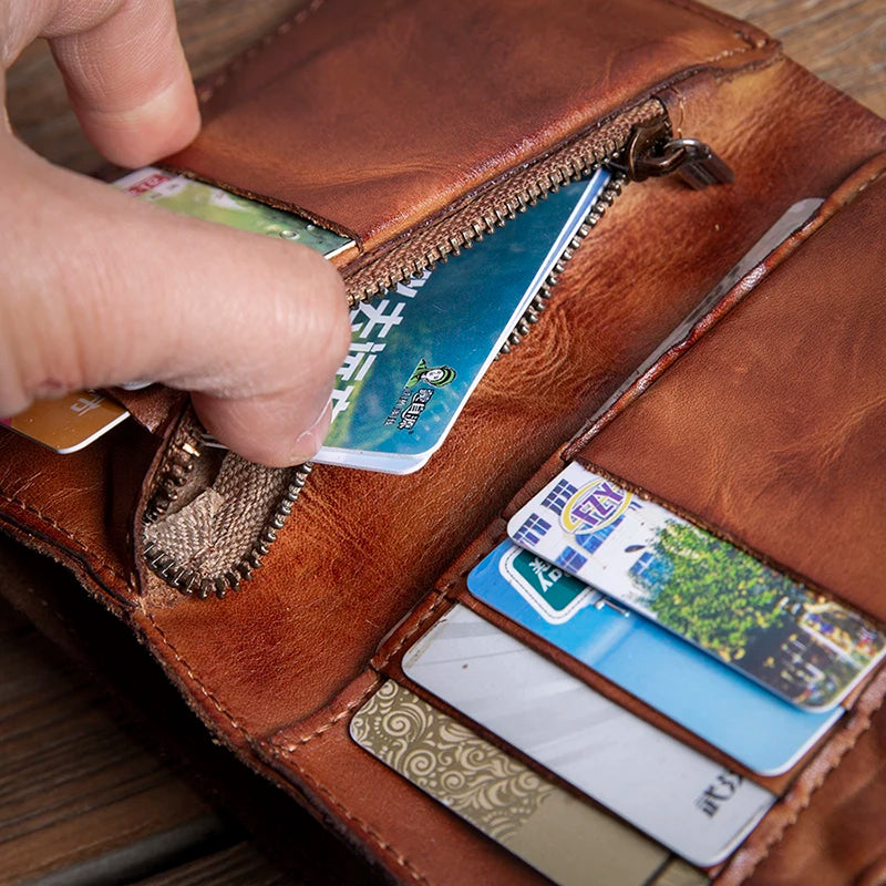 LOR MALE GURO High Quality Men Genuine Leather Wallet Vintage Bifold Money Clip Credit Card Holder Luxury Design with Zipper Coin Pocket