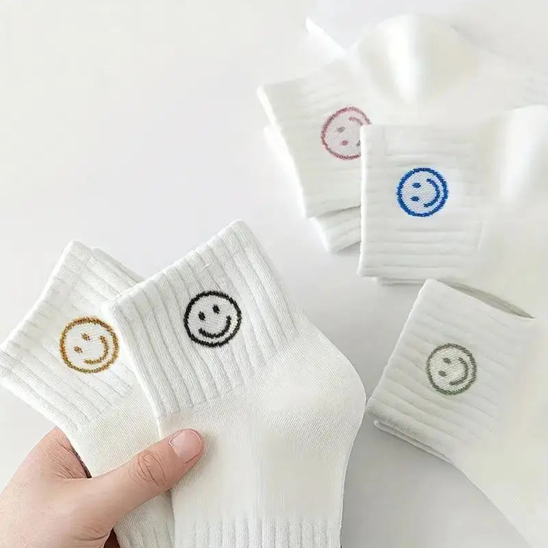 LOR MALE 5 Pairs of Whimsical Cartoon Face Print Short Socks - Soft, Breathable, and Comfortable Polyester Knit Fabric