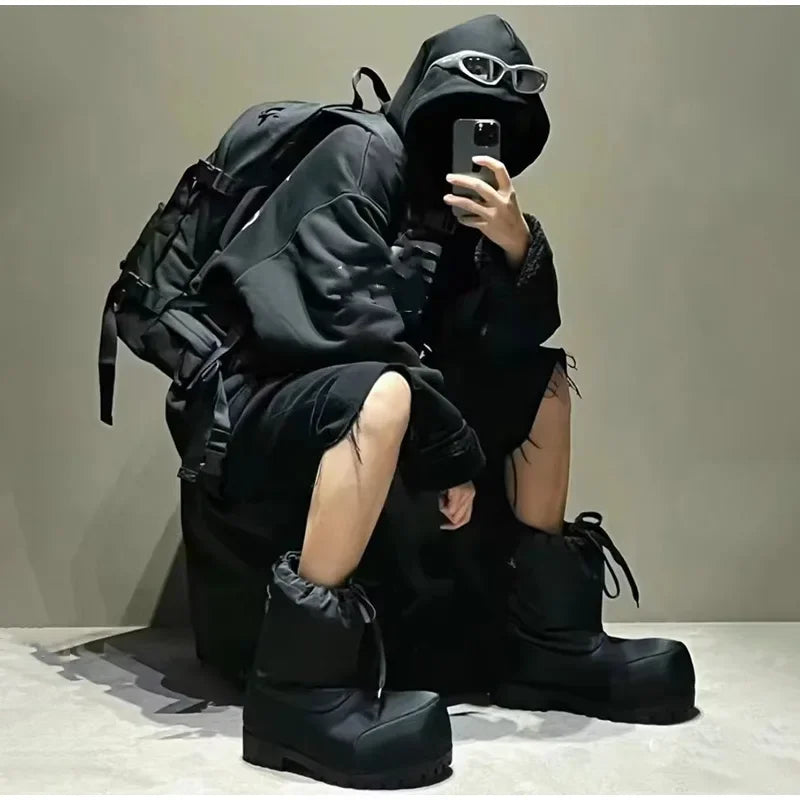 LOR MALE Fashion Gothic Oversized Square Toe Platform Ankle Boots Thick Lug Sole Lace Up Padded Warm Winter Combat Boots Streetwear Shoes