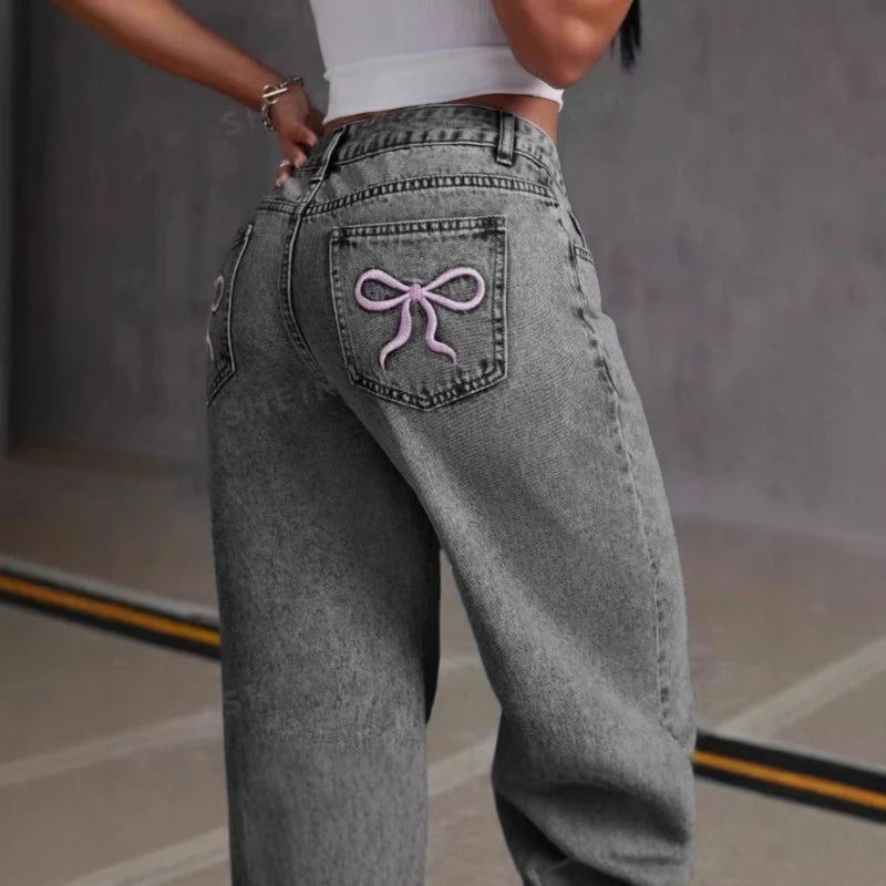 LOR MALE Mens Jeans Vintage Bow Embroidery Washed Denim Pants Harajuku Unisex Loose Fit Straight Leg Streetwear Casual Fashion Trend New