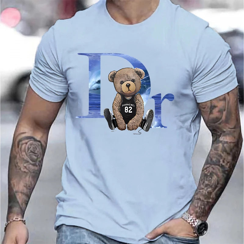LOR MALE Men's short T-shirt, pure cotton round neck top, loose and comfortable casual T-shirt, suitable for travel and daily use, bear b