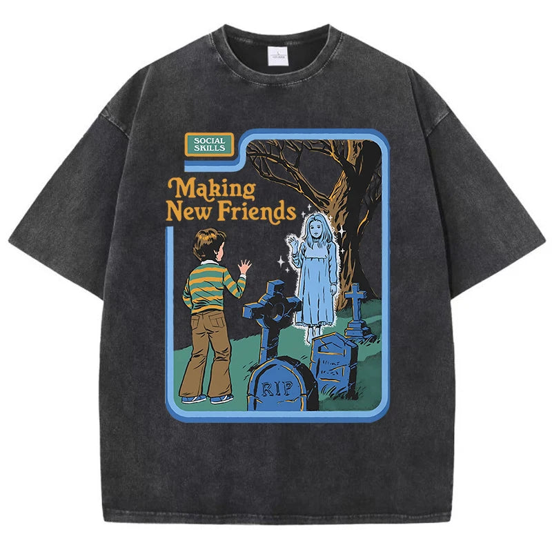 LOR MALE Social Skills Making New Friends Washed Retro Male Women T-Shirts Hip Hop Breathable Tops Casual T Shirt Oversized Cotton T-Shir