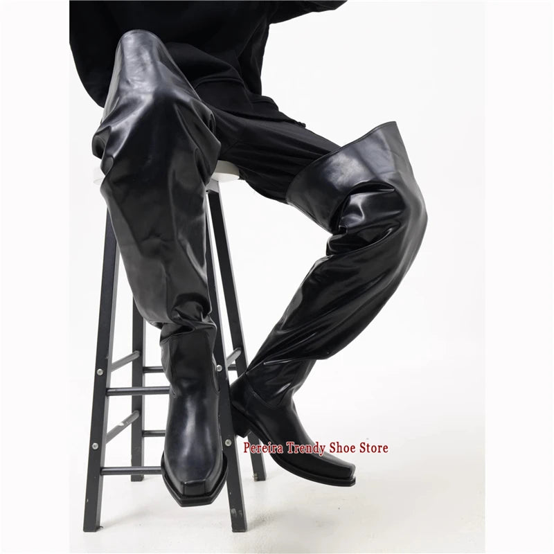 LOR MALE Autumn Winter New Upturned Toe Over The Knee Boots for Men Women Brand Design Black Leather Square Toe Slip-On Knight Boots