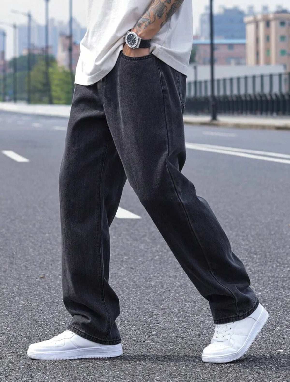 LOR MALE 2025 New Men's Casual Long Jeans, Classic Men's Straight-Leg Jeans & Wide-Leg Jeans, Solid Color