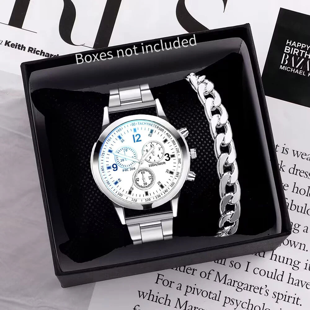 LOR MALE 1/2PCS Men Business Watches Steel Band Quartz Watch with Bracelet（Box not