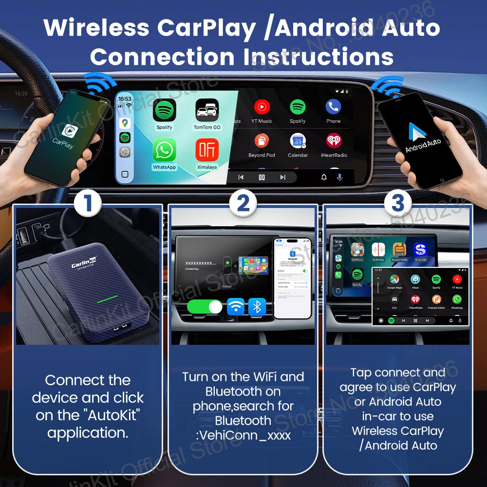 LOR MALE CarlinKit 4.0 2-In-1 Wireless Adapter Wireless Android Auto CarPlay 1 To 2 Smart Car Box Plug &Play OTA Upgrade For CarPlay Cars
