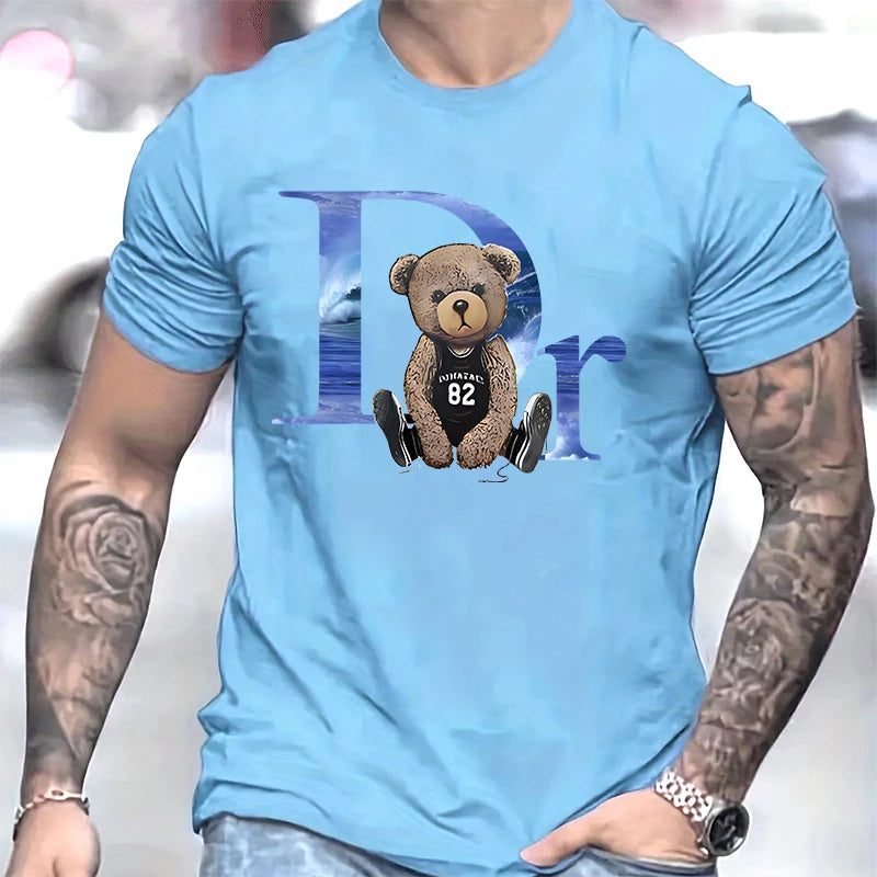 LOR MALE Men's short T-shirt, pure cotton round neck top, loose and comfortable casual T-shirt, suitable for travel and daily use, bear b
